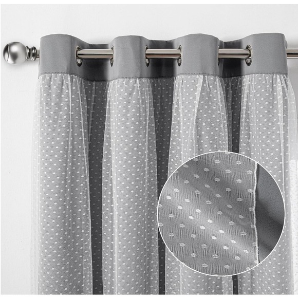MYSKY HOME Gray Double Layer Blackout Curtains with Polka Dots 52x84", Open Box - Picture 2 of 5